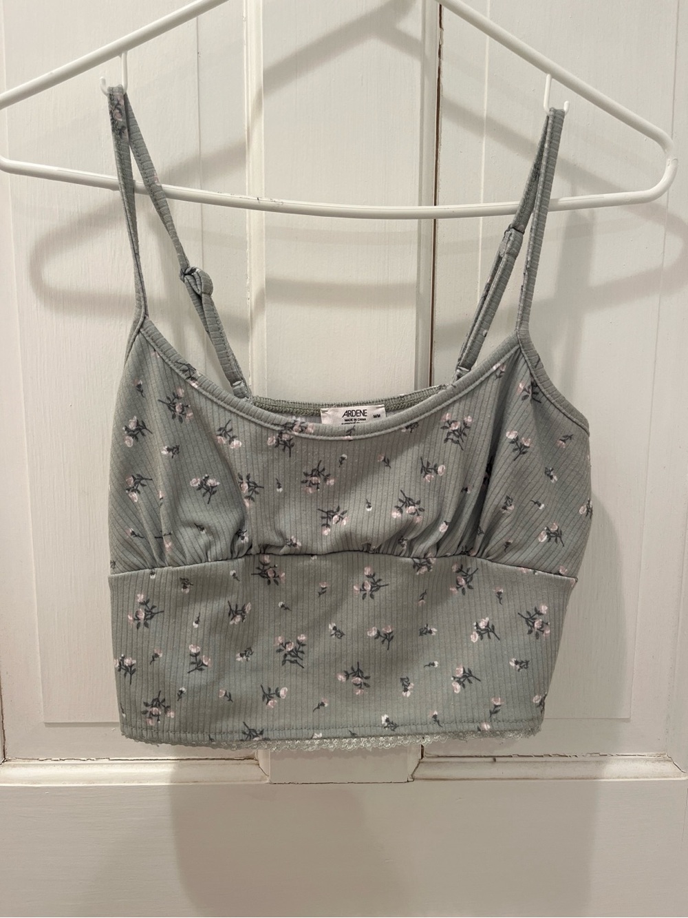 Ardene Sage Green Floral Ribbed Crop Tank